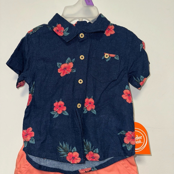 NWT NEW Baby Boy Wonder Nation Outfit 12M Navy Coral Hawaiian 2 piece Button - Picture 2 of 10